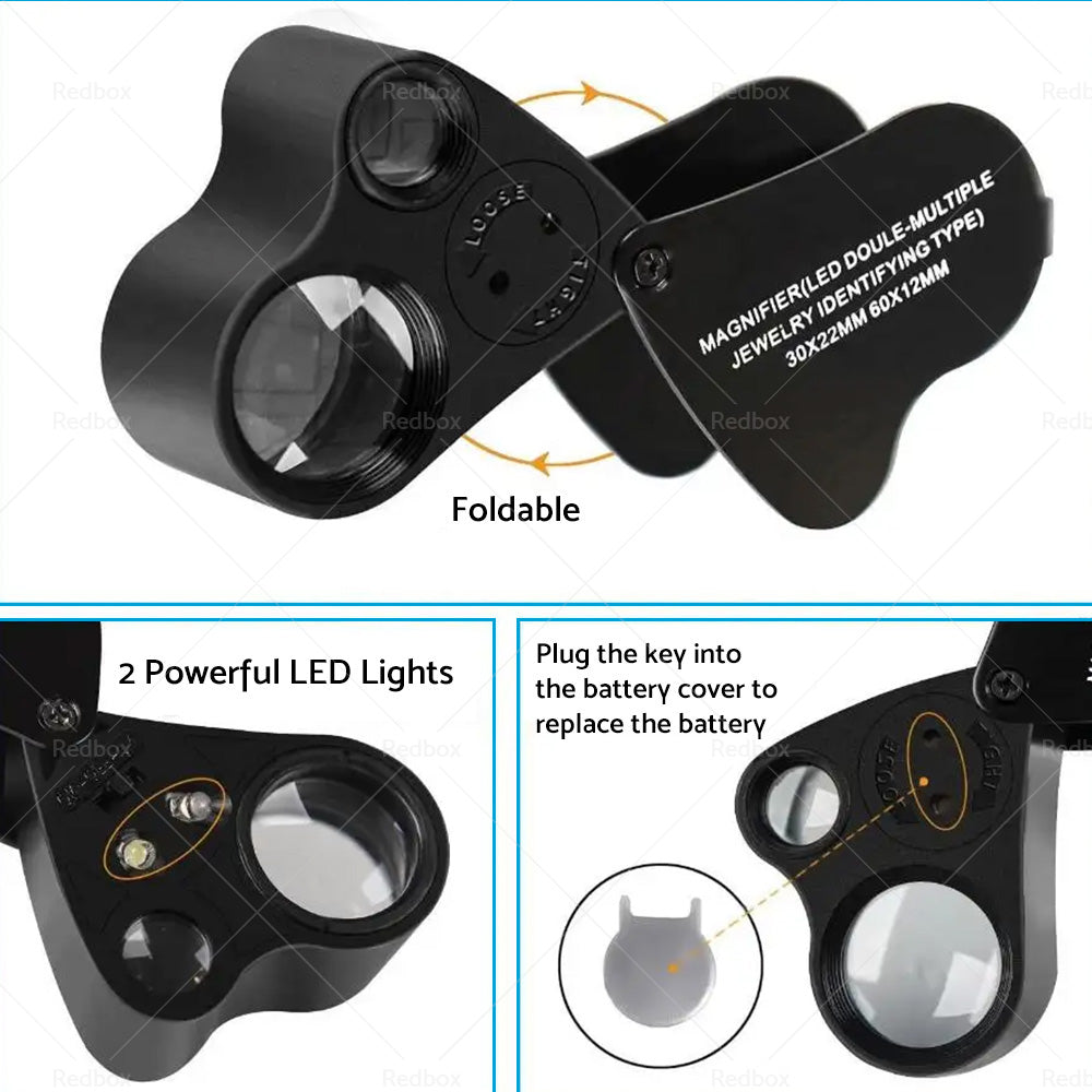 60X 30X Pocket Jewellers Eye Loupe Magnifier Jewelry Magnifying Glass LED Light-1