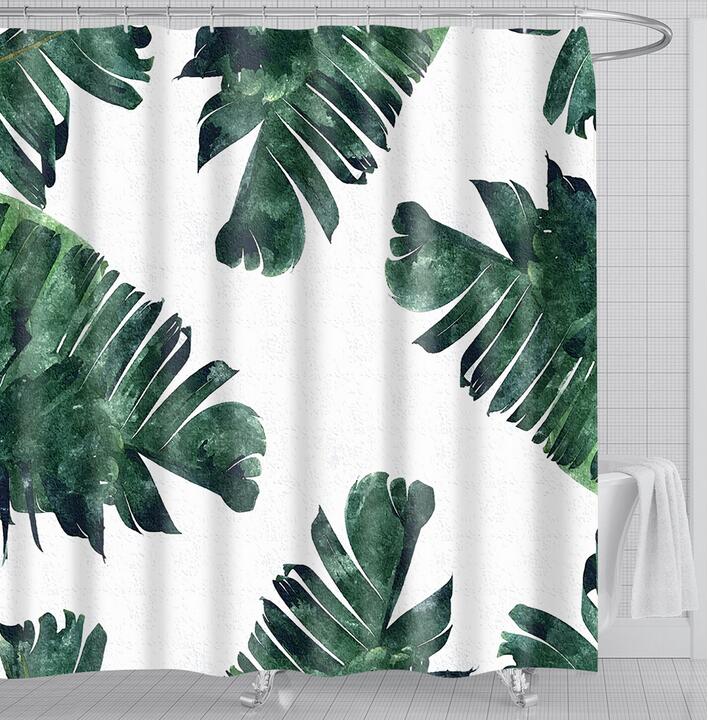 Bathroom Fabric Shower Curtain 12 Hook Set Water Resistant Tropical Plants Panel-9