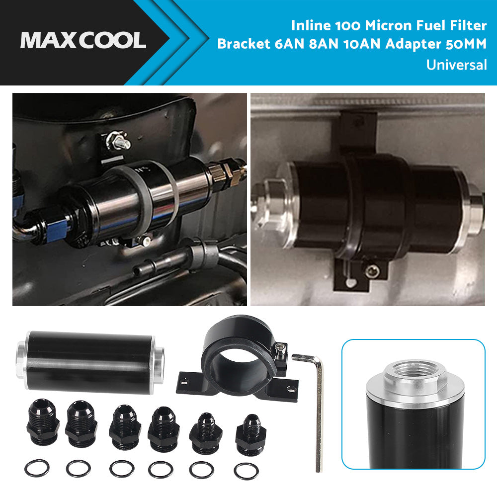 Inline 100 Micron Fuel Filter Bracket 6AN 8AN 10AN Adapter Universal 50MM-3
