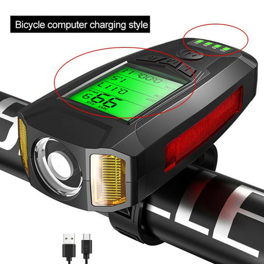USB Rechargeable LED Bicycle Headlight w/Horn Speedometer Bike Front Head Light-1