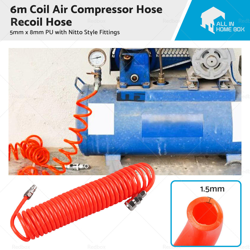 6m Coil Air Compressor Hose Recoil Hose 5mm x 8mm PU with Nitto Style Fittings-0