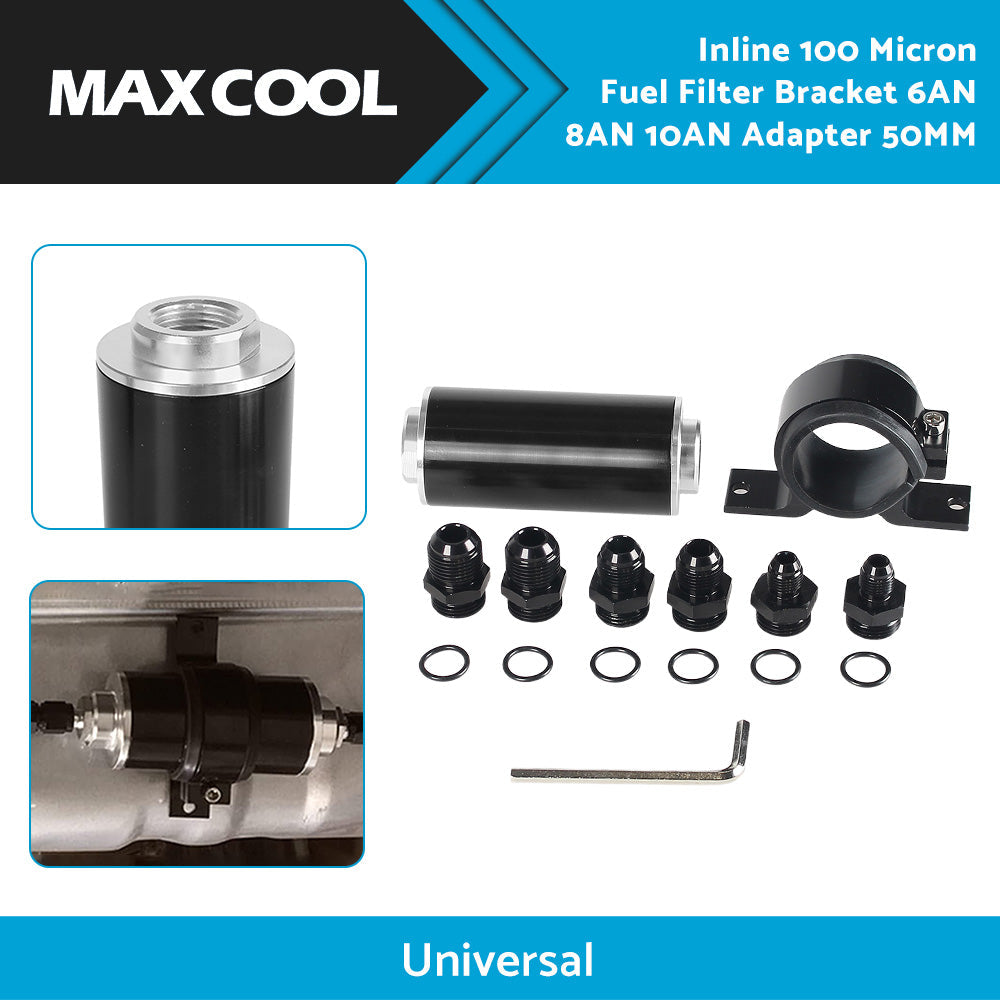 Inline 100 Micron Fuel Filter Bracket 6AN 8AN 10AN Adapter Universal 50MM-4