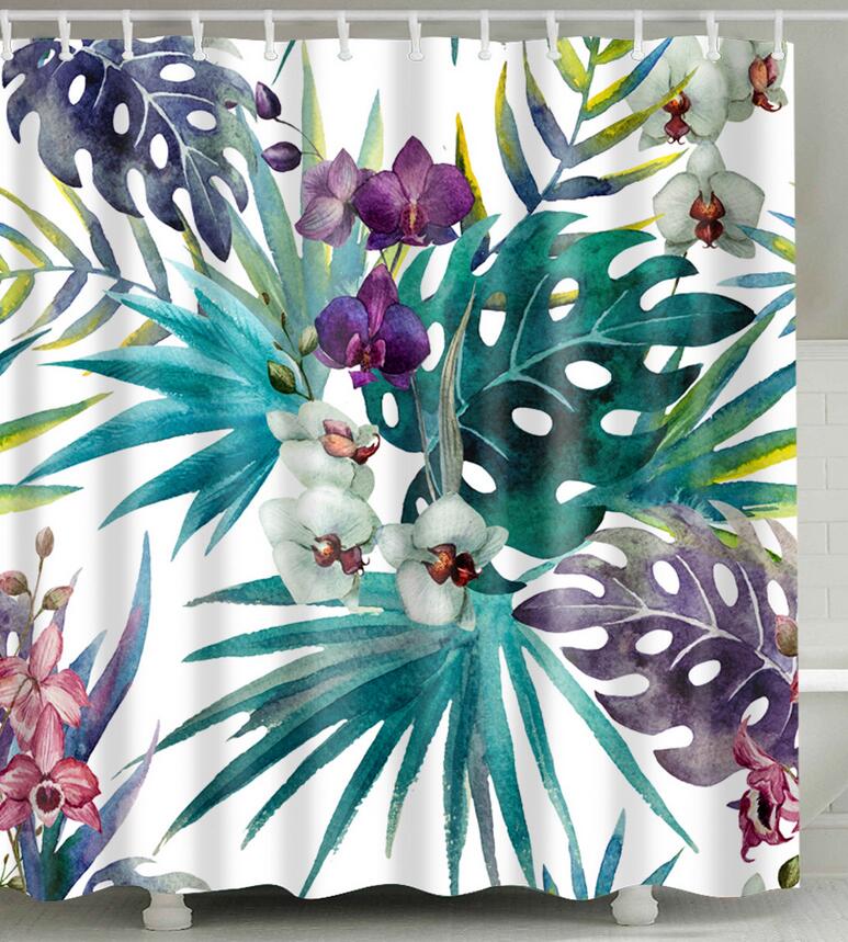 Bathroom Fabric Shower Curtain 12 Hook Set Water Resistant Tropical Plants Panel-12