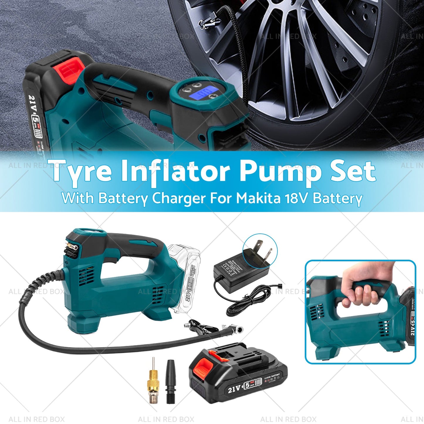 Cordless Portable Tyre Inflator Pump w Battery Charger For Makita 18V Battery-1
