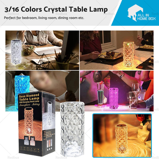 Crystal Table Lamp With Rose Diamond Touch LED Light Suitable For Universal Use, 3 or 16 Color, USB Powered-1