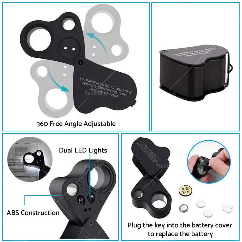 60X 30X Pocket Jewellers Eye Loupe Magnifier Jewelry Magnifying Glass LED Light-2