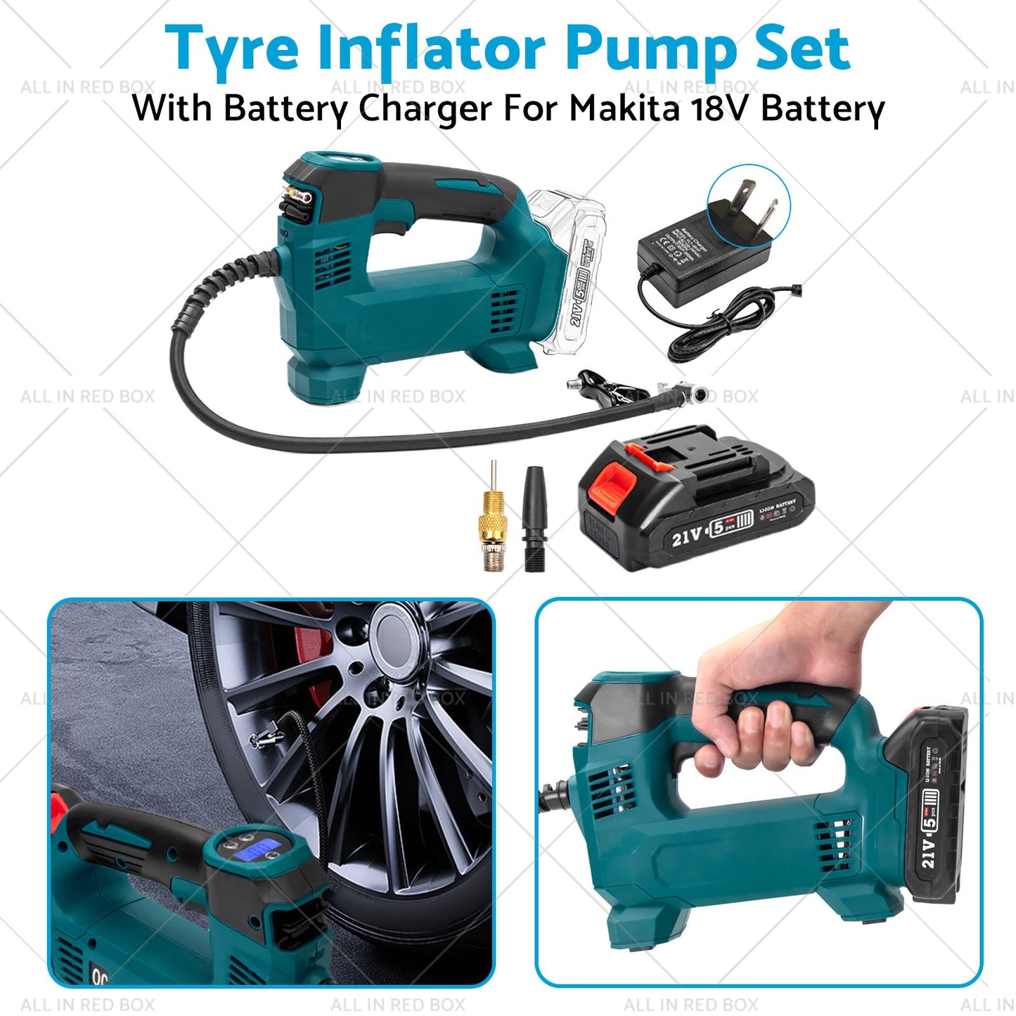 Cordless Portable Tyre Inflator Pump w Battery Charger For Makita 18V Battery-3