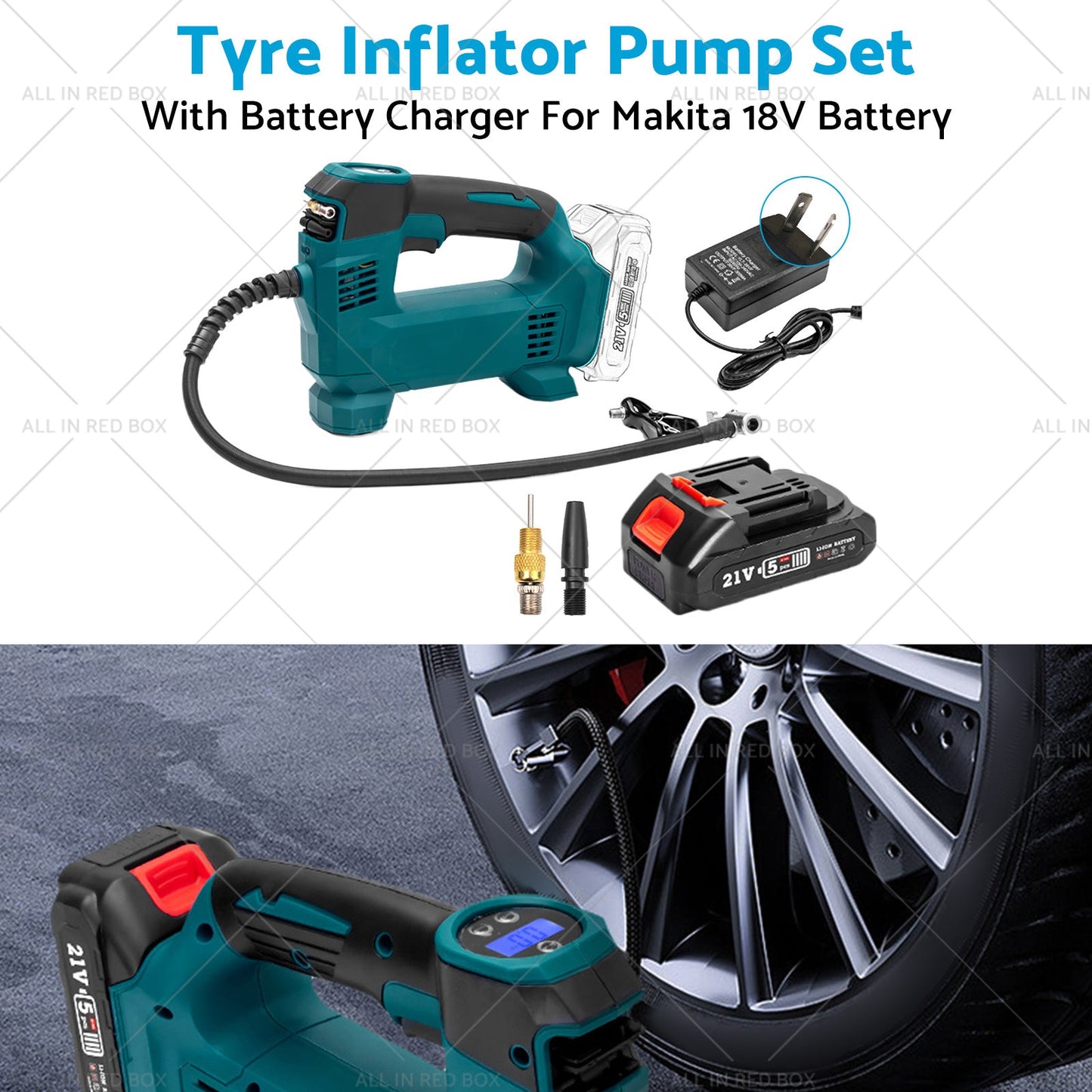Cordless Portable Tyre Inflator Pump w Battery Charger For Makita 18V Battery-2