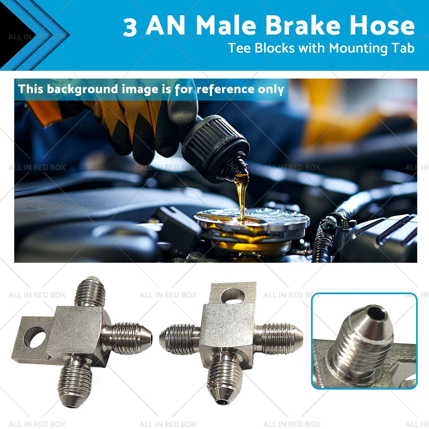 Pair of Stainless Steel - 3 AN Male Brake Hose Tee Blocks with Mounting Tab-0