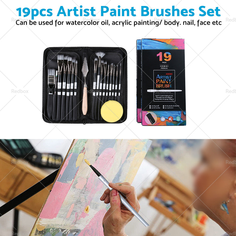 19PCS Artist Paint Brushes Set Watercolour Acrylic Oil Painting Sponge Brush-3