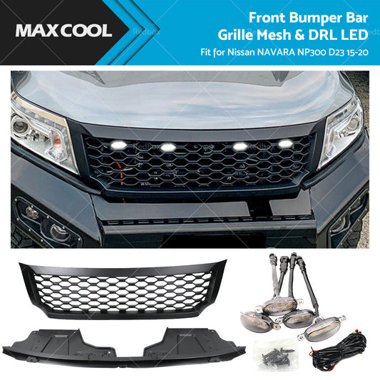 Black Bumper Bar Grille Mesh and LED Light Fits for Nissan NAVARA NP300 D23 15-20-1