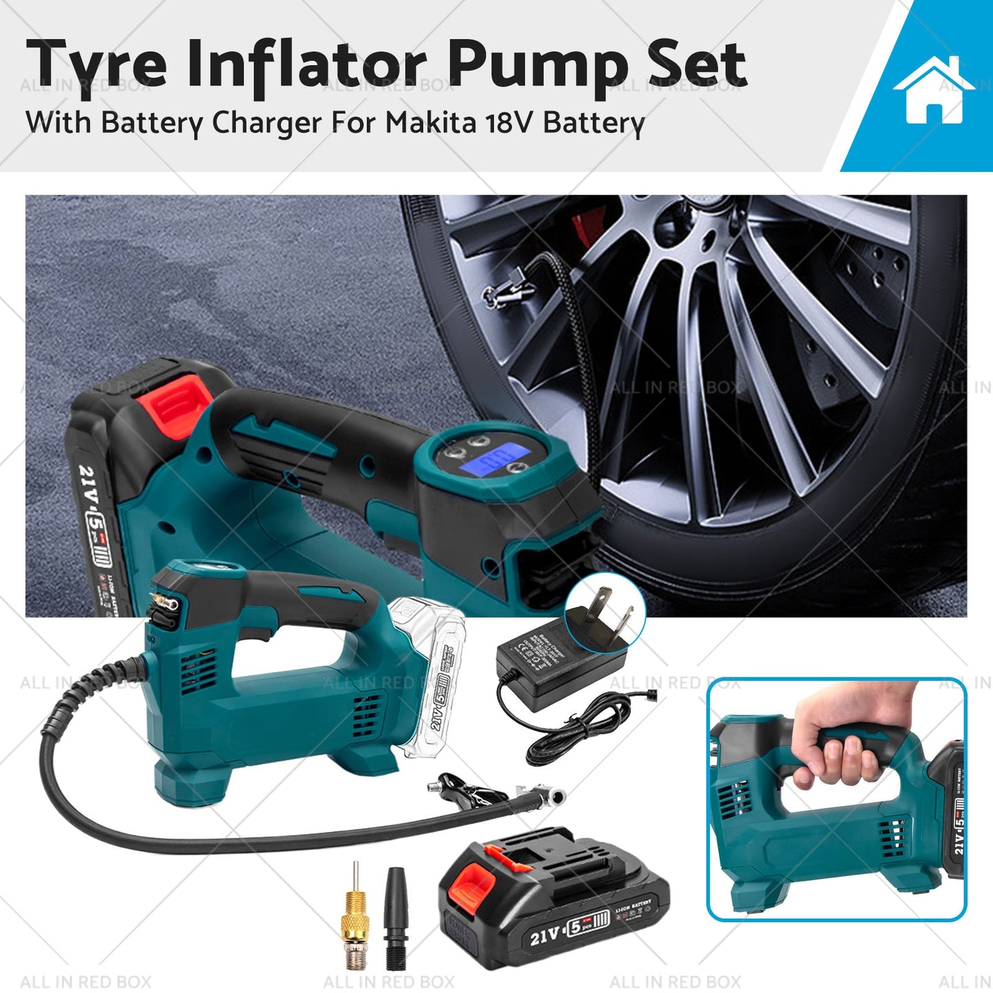 Cordless Portable Tyre Inflator Pump w Battery Charger For Makita 18V Battery-0