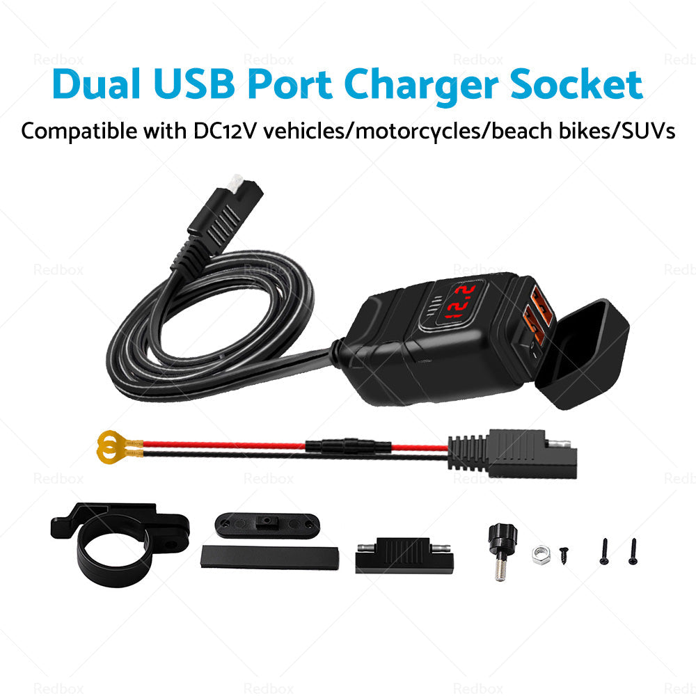 Dual USB Port Motorcycle Fast Charger Socket LED Voltmeter Display ON OFF Switch-4