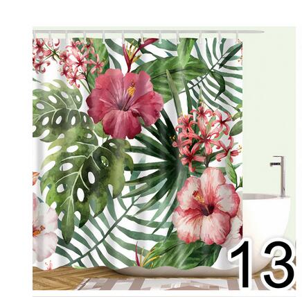 Bathroom Fabric Shower Curtain 12 Hook Set Water Resistant Tropical Plants Panel-11
