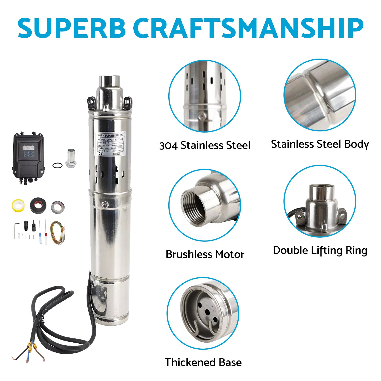 3in 72V 1.2KW Solar Bore Pump Submersible Deep Well MPPT Screw Head 180M-1