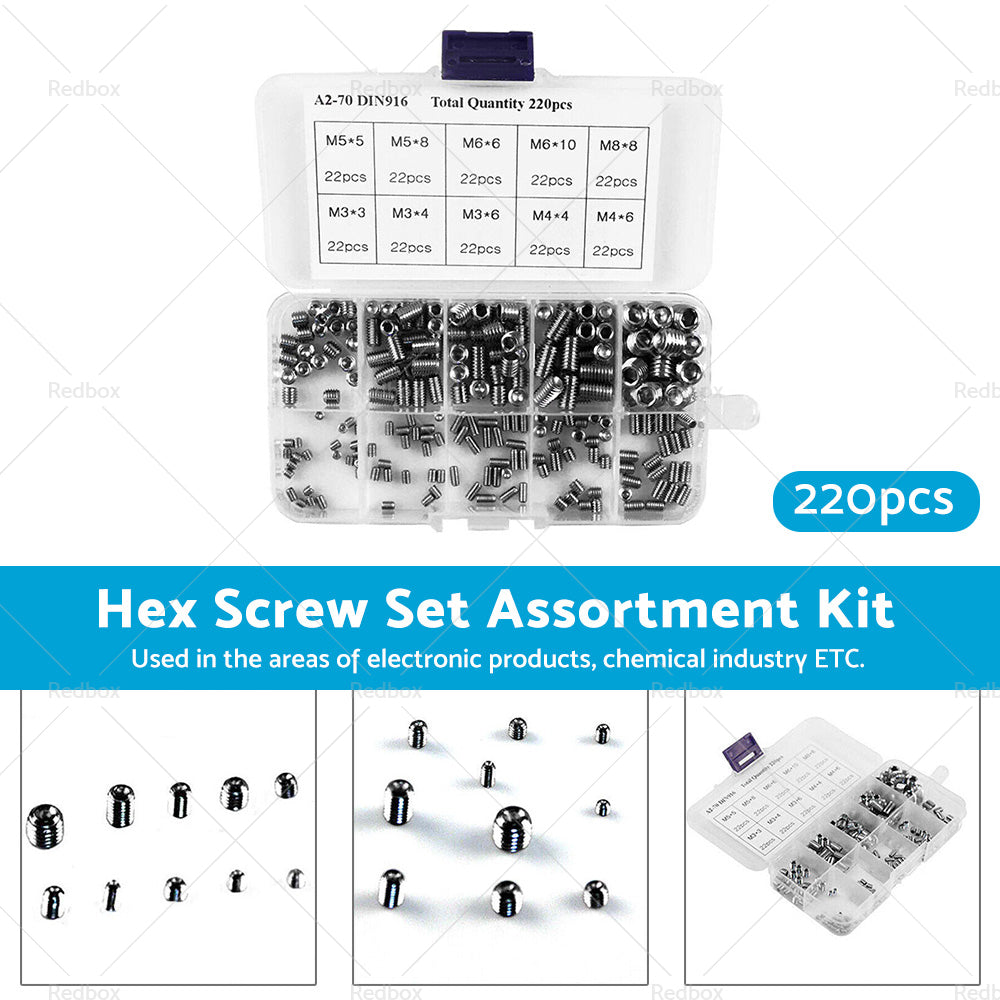 220Pcs Stainless Steel Allen Head Socket Set Grub Screws Assortment Kit-3