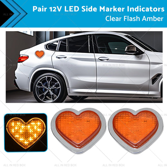 Heart Pair 12V LED Side Marker Indicators Clear Flash Amber-0