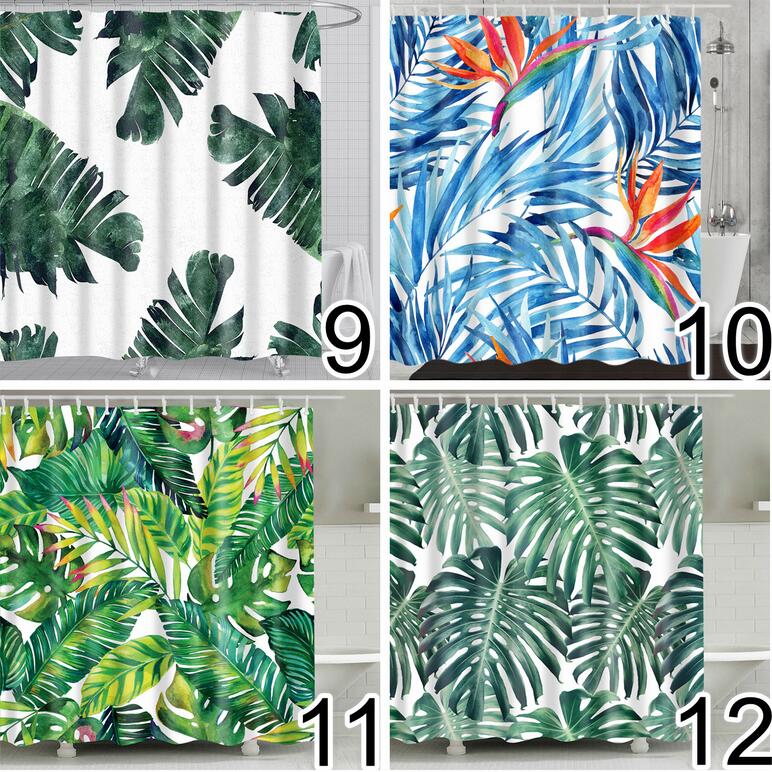 Bathroom Fabric Shower Curtain 12 Hook Set Water Resistant Tropical Plants Panel-2
