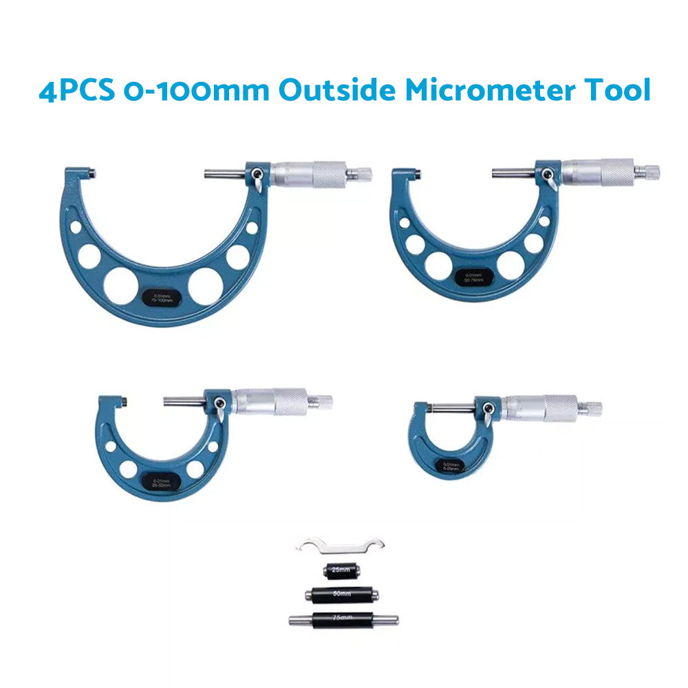 4pcs 0-100mm Outside Micrometer Machinist Tool Set Carbide 0. 01mm-4
