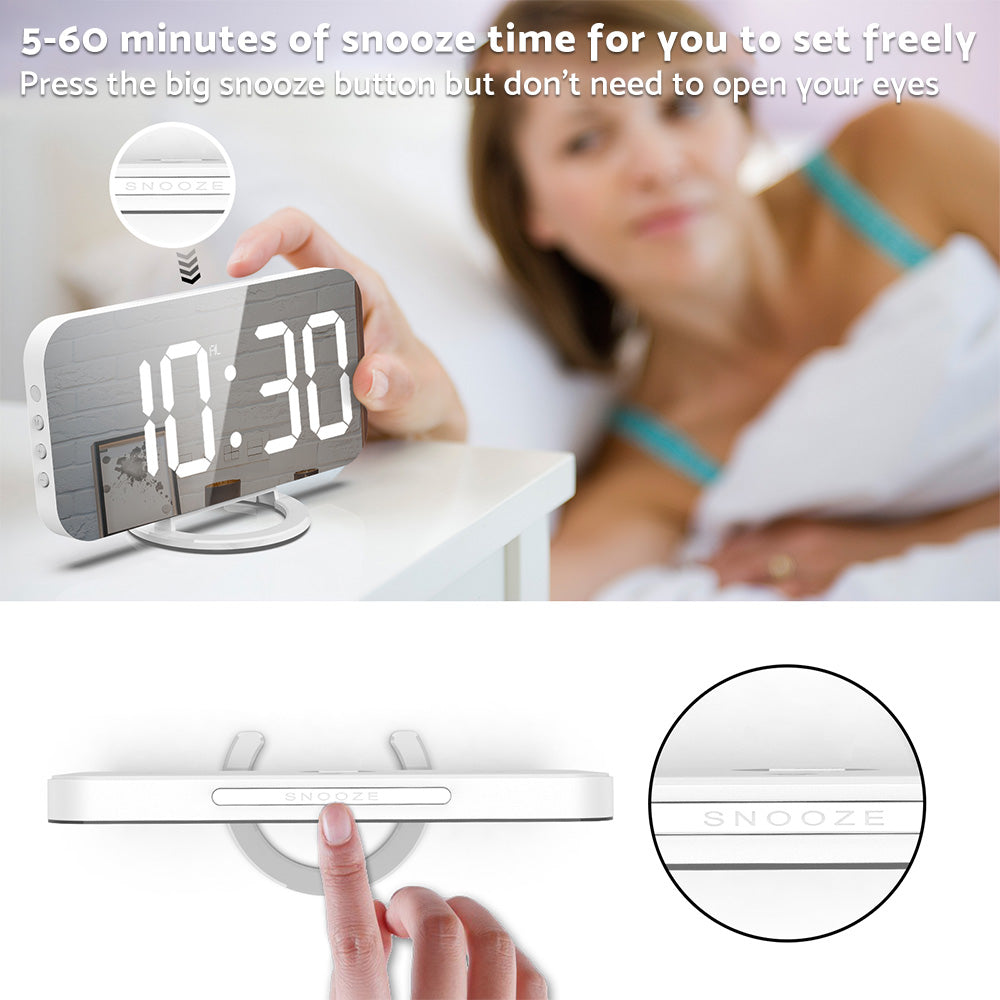 Digital Alarm Clock Mirror LED Display Snooze Function Dim Mode Wall Bedroom-4