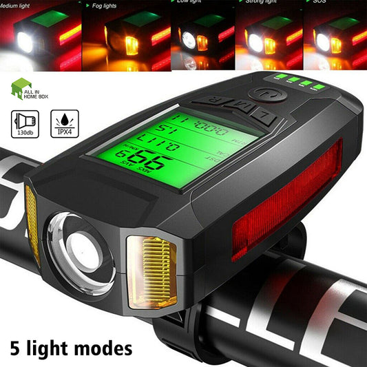 USB Rechargeable LED Bicycle Headlight w/Horn Speedometer Bike Front Head Light-0