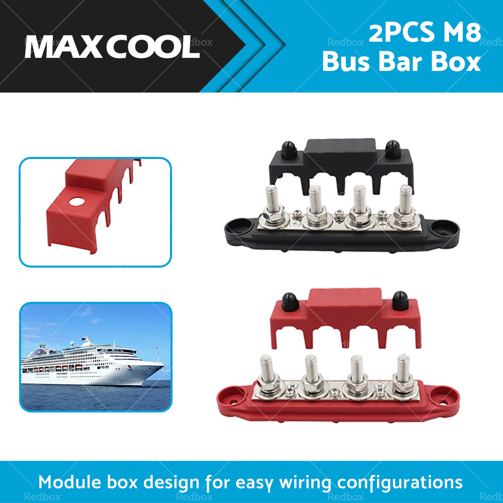 2PCS M8 4 Post 250A DC 48V Studs Bus Bar Power Distribution Box Terminal Block-2