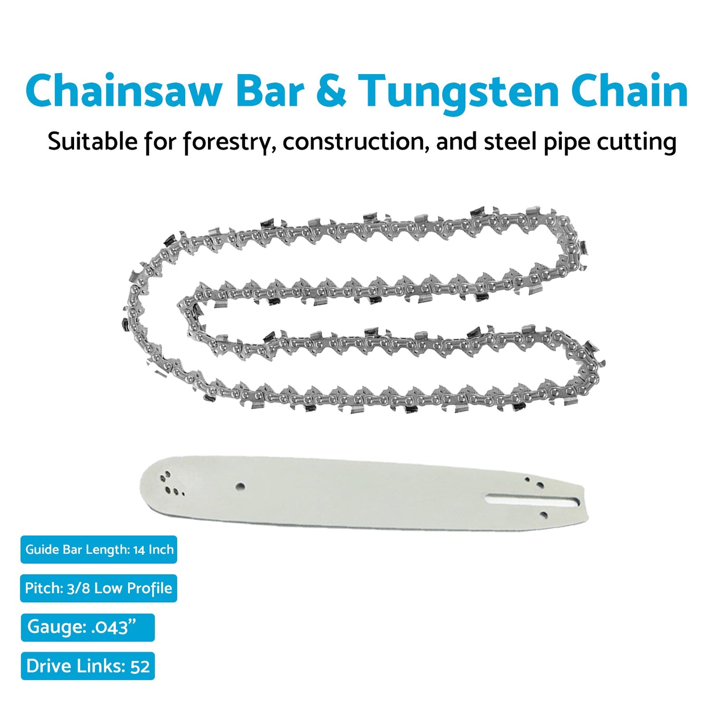 14'' Tungsten Chain & Guide Bar 3/8LP .043 52DL Suitable For Makita EGO 56V-5