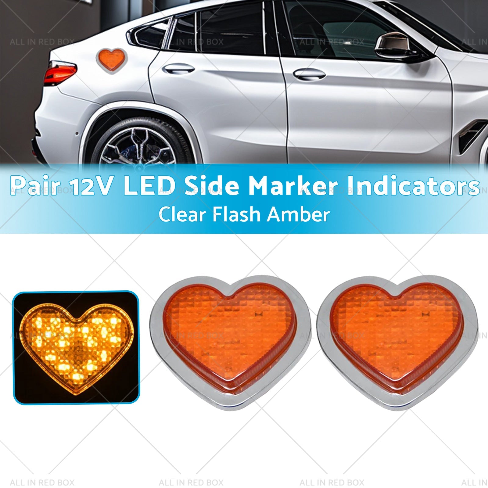 Heart Pair 12V LED Side Marker Indicators Clear Flash Amber-2