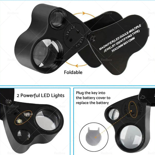60X 30X Pocket Jewellers Eye Loupe Magnifier Jewelry Magnifying Glass LED Light-1