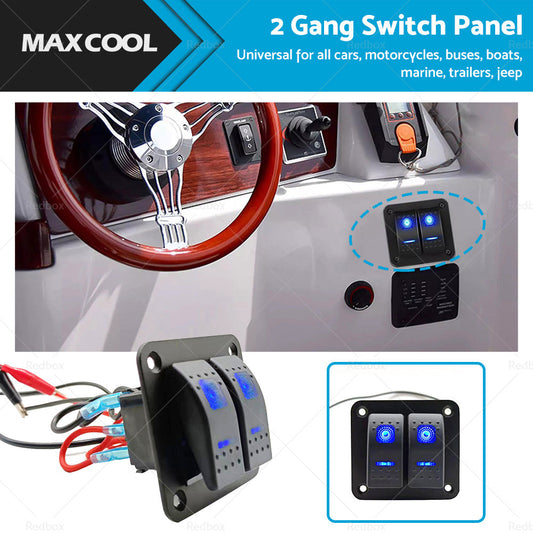 2 Gang Blue LED Light Rocker Switch Panel Dual LED Boat Car Waterproof-1