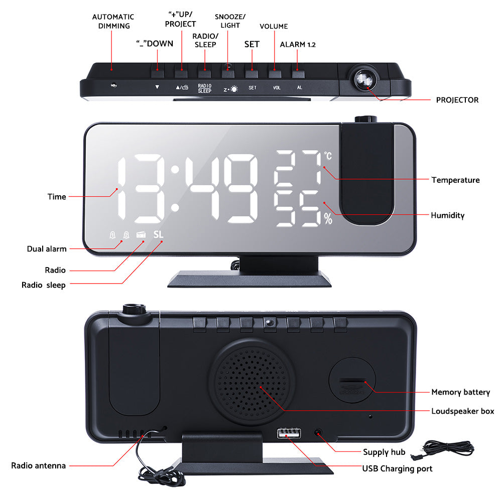 Projection on Ceiling Digital Dual Alarm Clock Bedroom Radio LED Big Screen-2