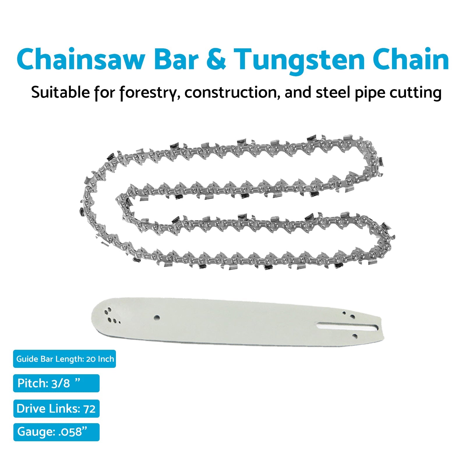 20'' 3/8 .058 72DL Chainsaw Bar & Tungsten Chain Suitable For Poulan/Poulan Pro-5