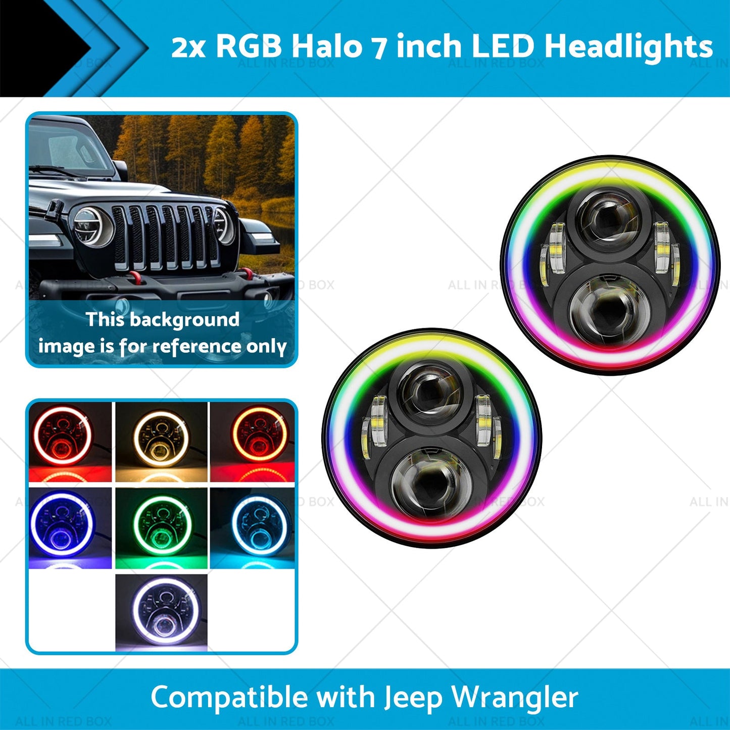 RGB Halo 7 inch LED Headlights Projector Hi Lo Beam DRL Suitable for Jeep GQ-1