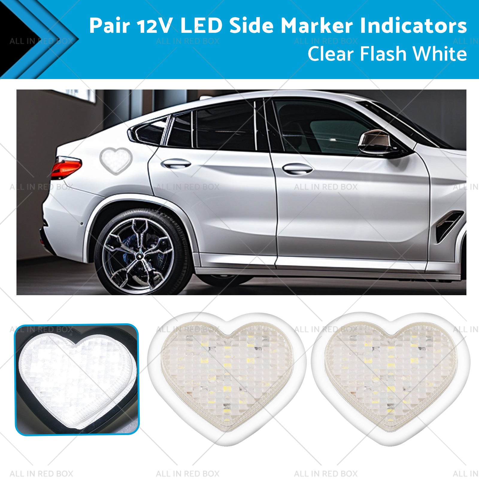 Heart Pair 12V LED Side Marker Indicators Clear Flash White-0