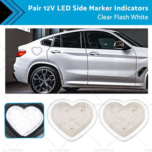 Heart Pair 12V LED Side Marker Indicators Clear Flash White-0