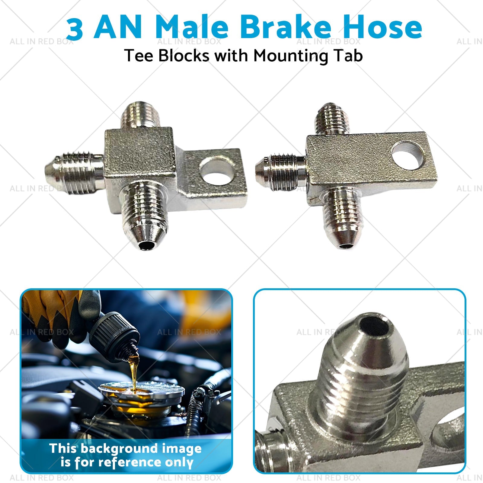 Pair of Stainless Steel - 3 AN Male Brake Hose Tee Blocks with Mounting Tab-2