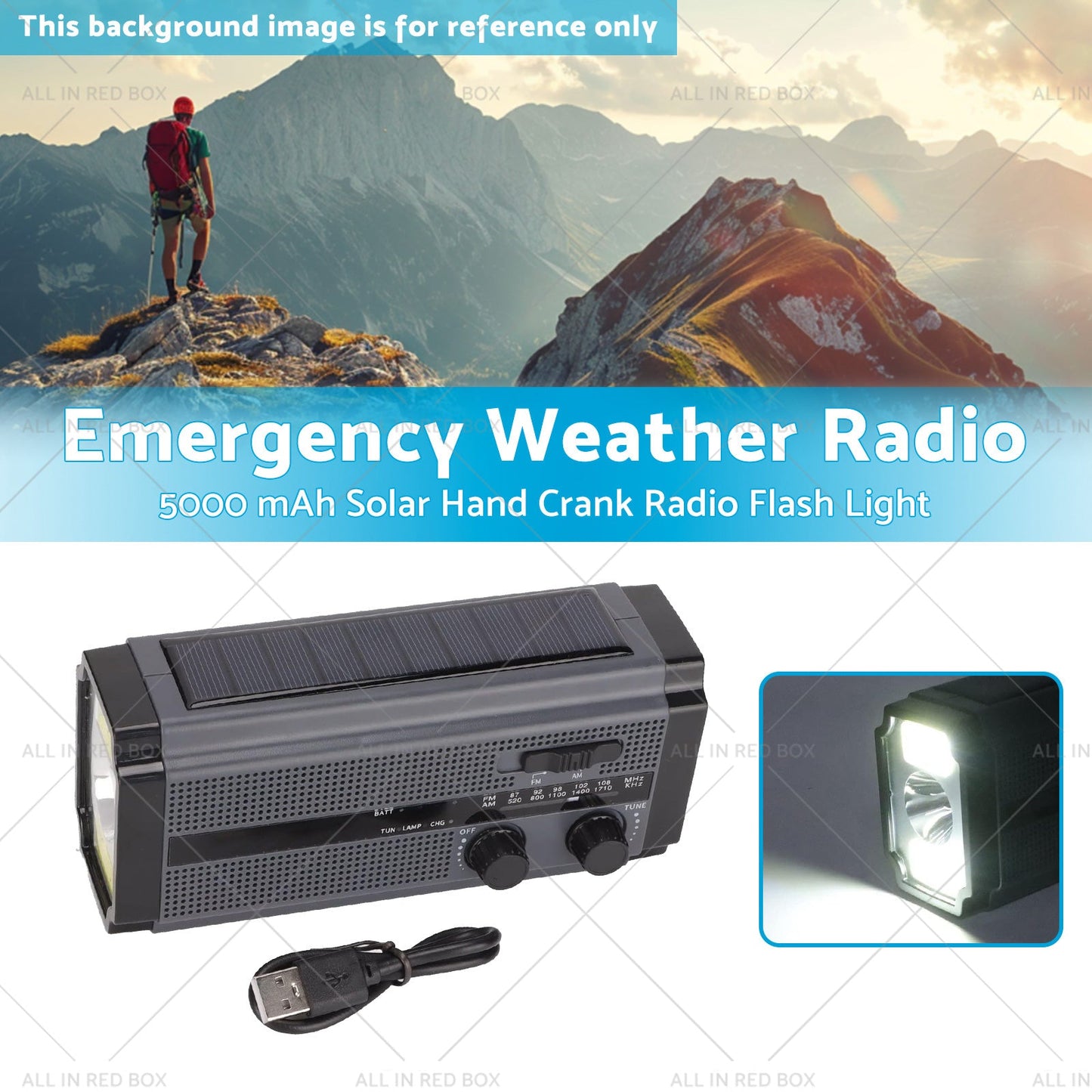 Solar Hand Crank Radio Emergency Weather 5000mAh Power Bank Flash Light Black-1