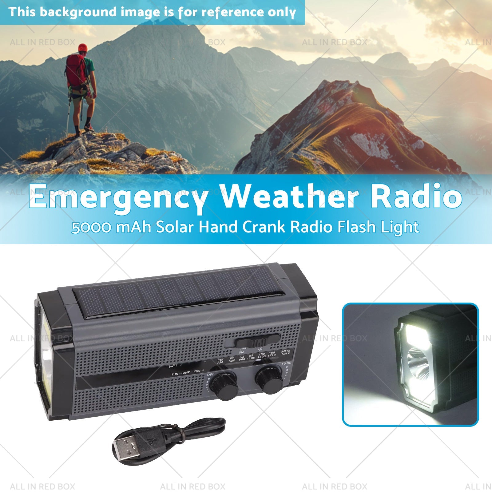 Solar Hand Crank Radio Emergency Weather 5000mAh Power Bank Flash Light Black-1