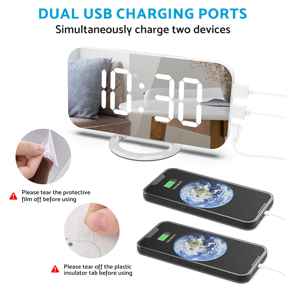 Digital Alarm Clock Mirror LED Display Snooze Function Dim Mode Wall Bedroom-3