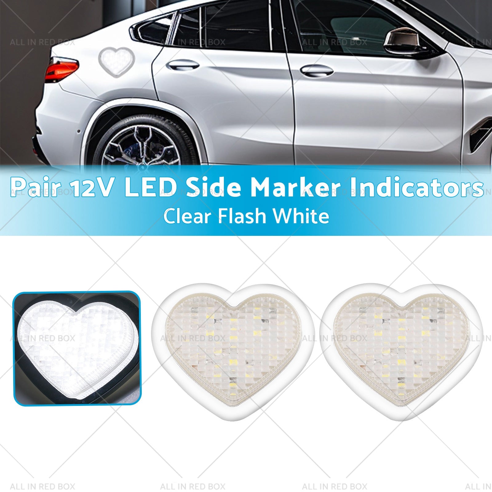 Heart Pair 12V LED Side Marker Indicators Clear Flash White-2