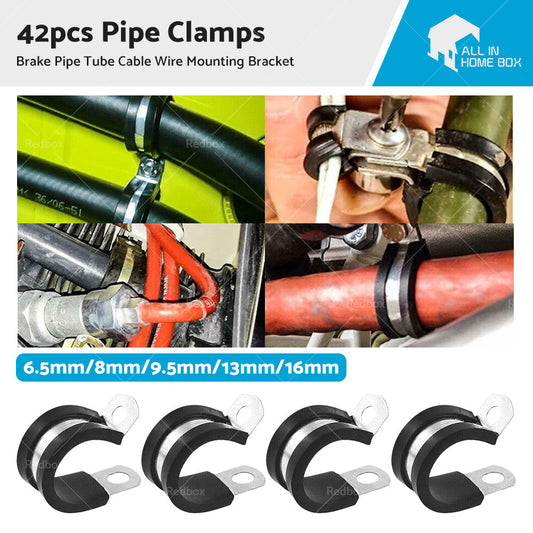 42pcs Rubber Lined Steel P Clips - Brake Pipe Tube Cable Wire Mounting Bracket-0