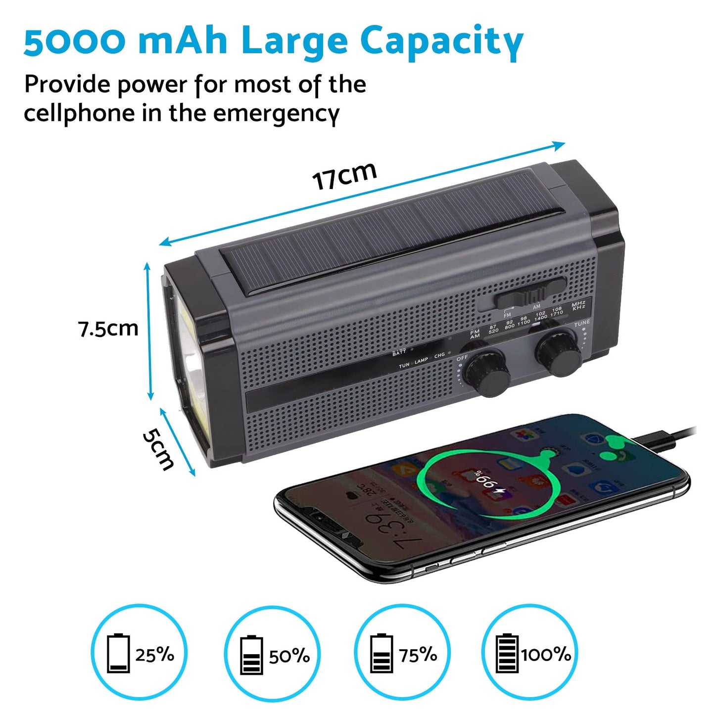 Solar Hand Crank Radio Emergency Weather 5000mAh Power Bank Flash Light Black-1