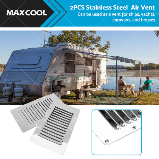 2 x Stainless Steel Rectangular 14 Louvre Air Vent, Caravan, Boat, Wall Eave-0