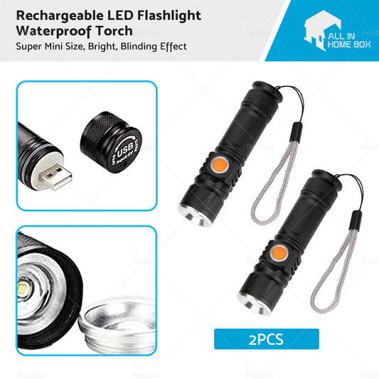 2PCS USB Rechargeable LED Flashlight Waterproof Torch Black-0