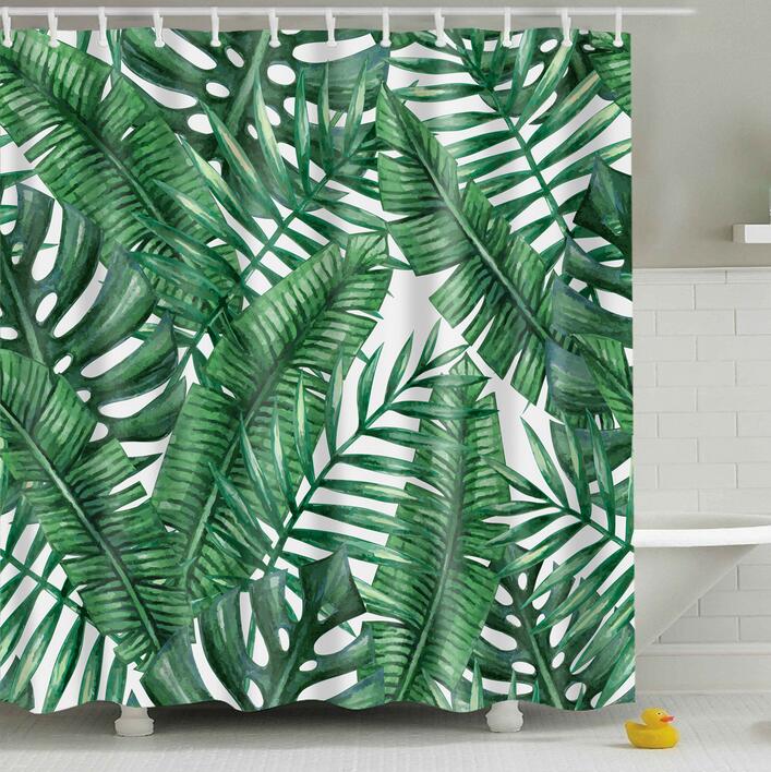 Bathroom Fabric Shower Curtain 12 Hook Set Water Resistant Tropical Plants Panel-7