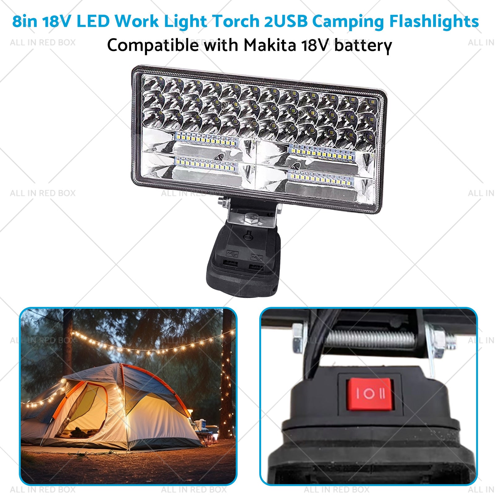 18V 8in LED Work Light Torch Camping Flashlights 2USB Suitablefor Makita Battery-2