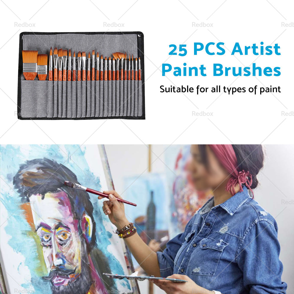 25 Pcs Artist Paint Brushes Watercolour Acrylic Oil Painting Brush With Case Set-3
