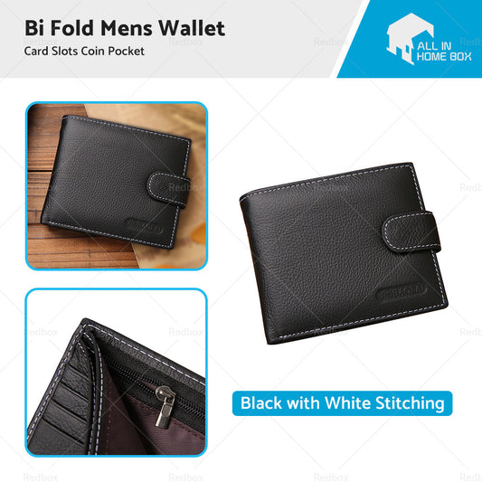 Mens Wallet Black Bi Fold with Top Layer Cowhide Leather Card Slots Coin Pocket-0