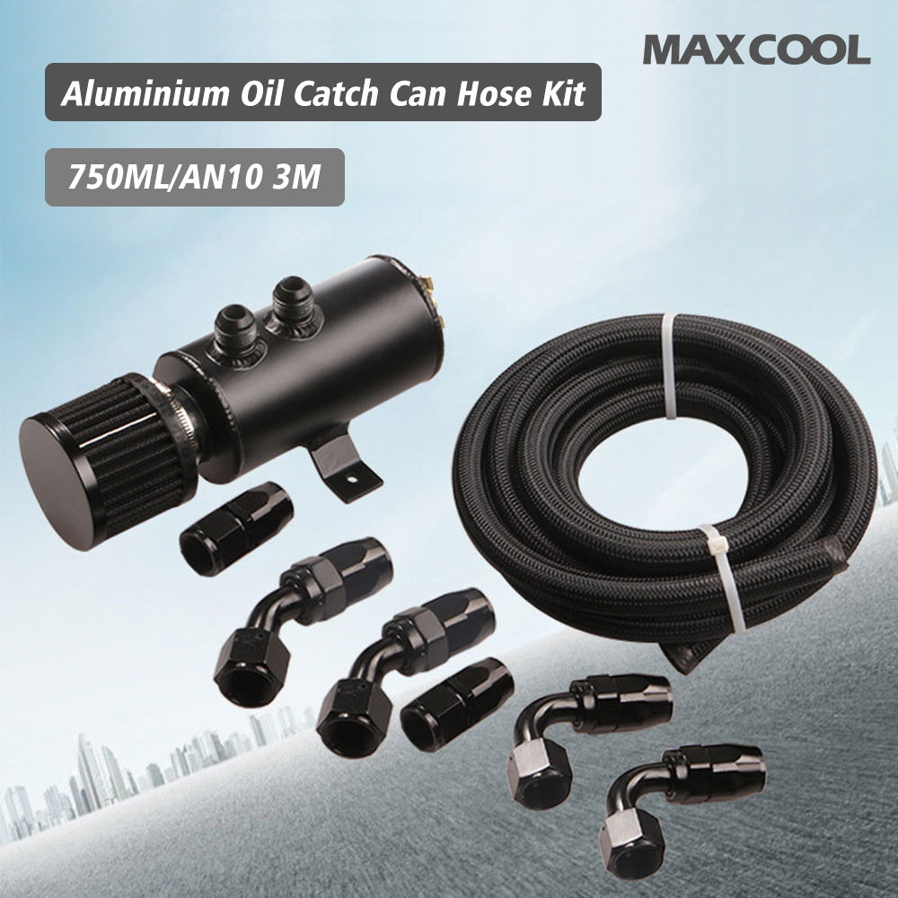 Aluminium Baffled Engine Oil Catch Can 0. 75L 2 Port AN10  3M Hose Fitting Kit-1