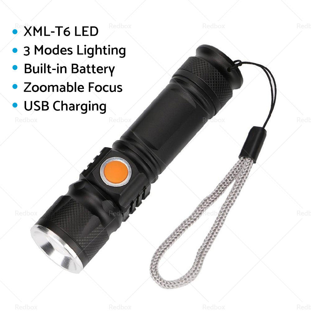 1pcs Black USB Rechargeable LED Flashlight Waterproof Torch Outdoor-2